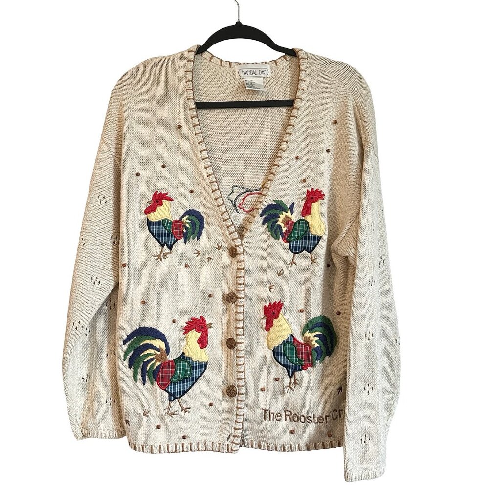 Mandal Bay Rooster Chicken Applique Embroidered Cotton Cardigan VTG Sweater M